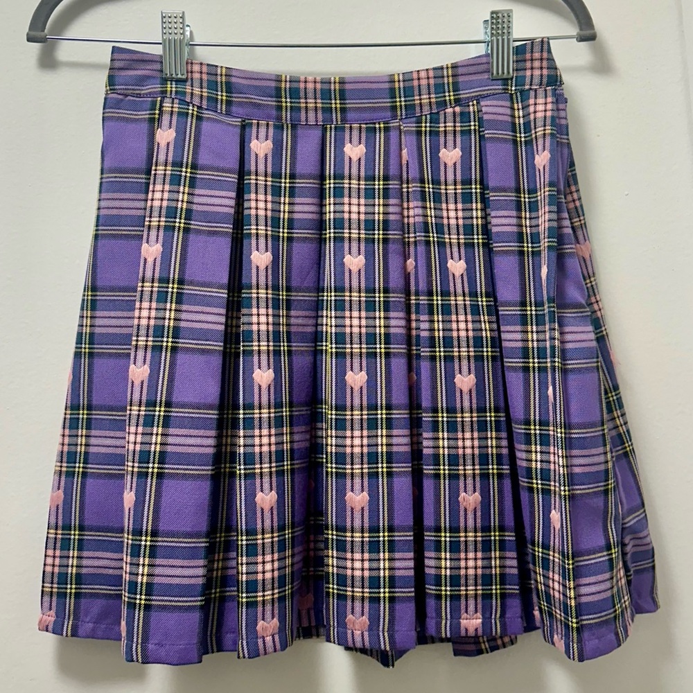 Purple Plaid Schoolgirl Style Skirt With Embroidered Pink Hearts